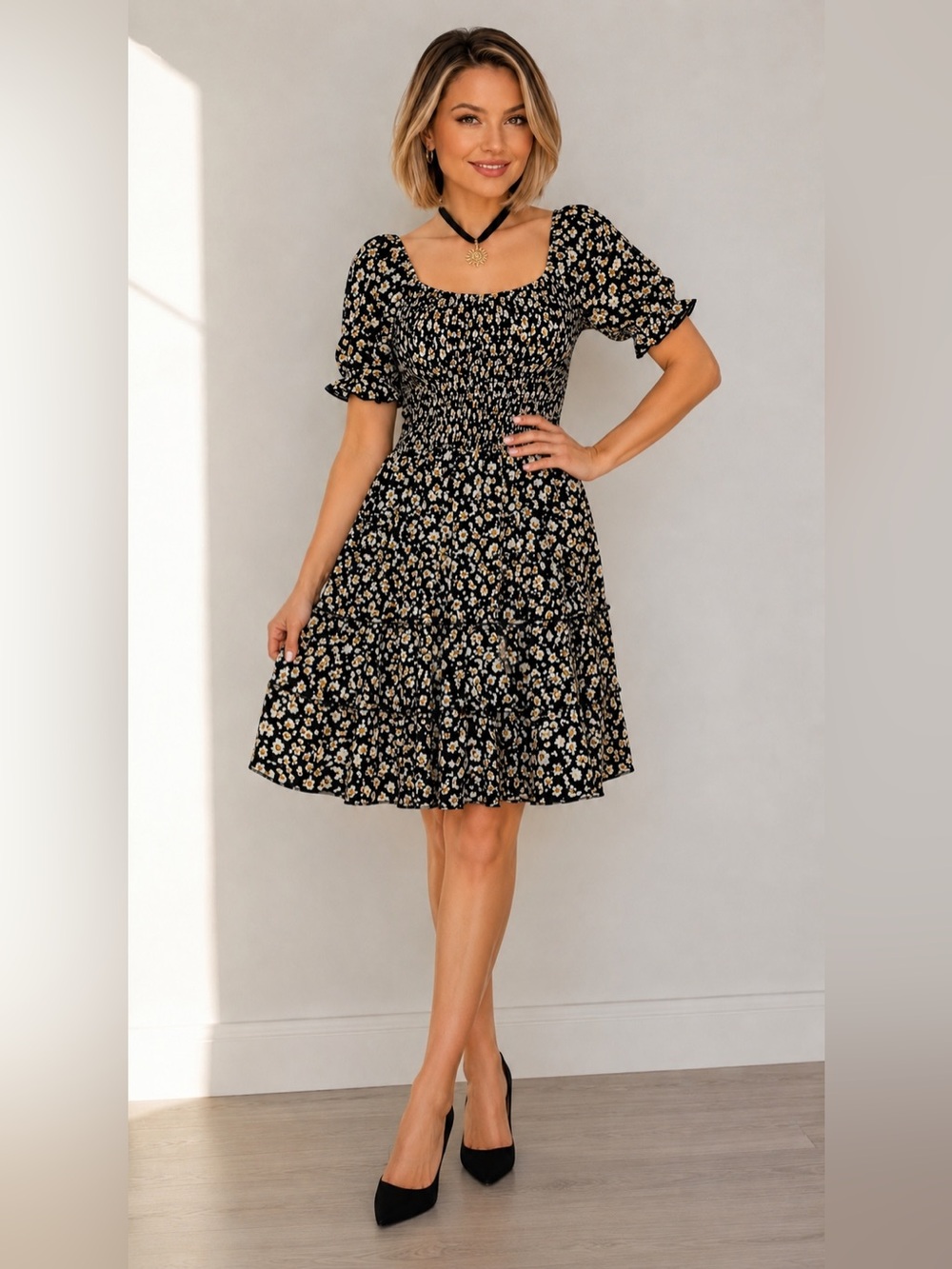 Black Floral Mini Dress NWT – Square Neckline and Ruched Bodice